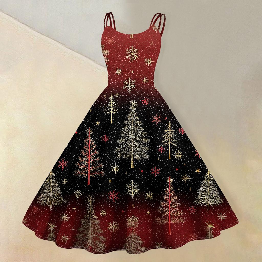 (veselé Vánoce) Dámské ležérní módní šaty s vánočním potiskem sněhové vločky/vánočního stromku/sněhuláka, s kulatým výstřihem, retro