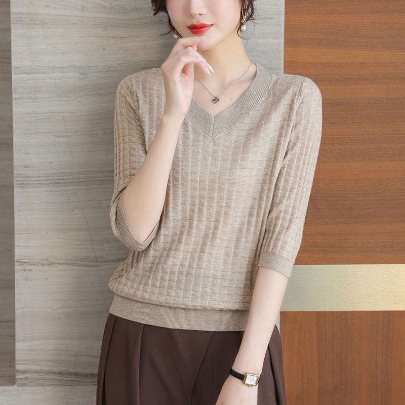 V-Neck Knitted Top Women's 3/4 Sleeve Thin Spring/Summer Orange Shirt Premium Mom Half Sleeve T-shirt
