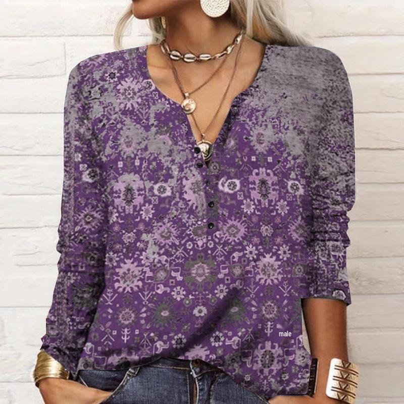 2023 Autumn/Winter European & American Women's Long-Sleeve Ethnic Print Fashion T-Shirt