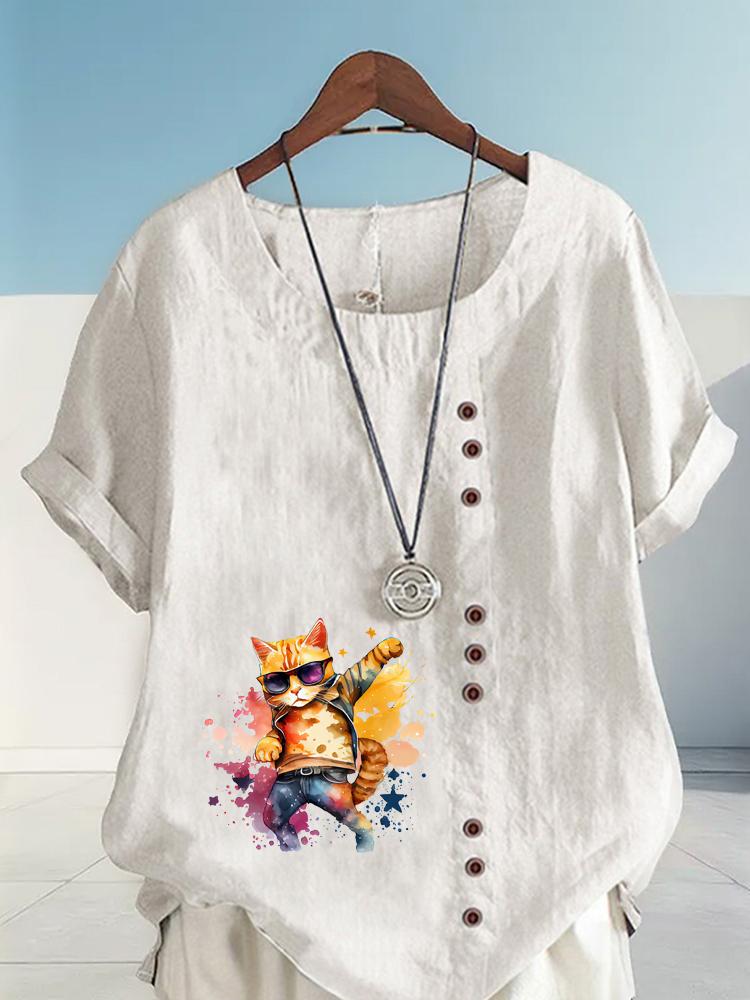 Women's Fashion Cool Cat Print Round Neck Short Sleeve T-shirt Casual Cotton Linen Graphic Shirt Leisure Loose Summer Blouse Tops