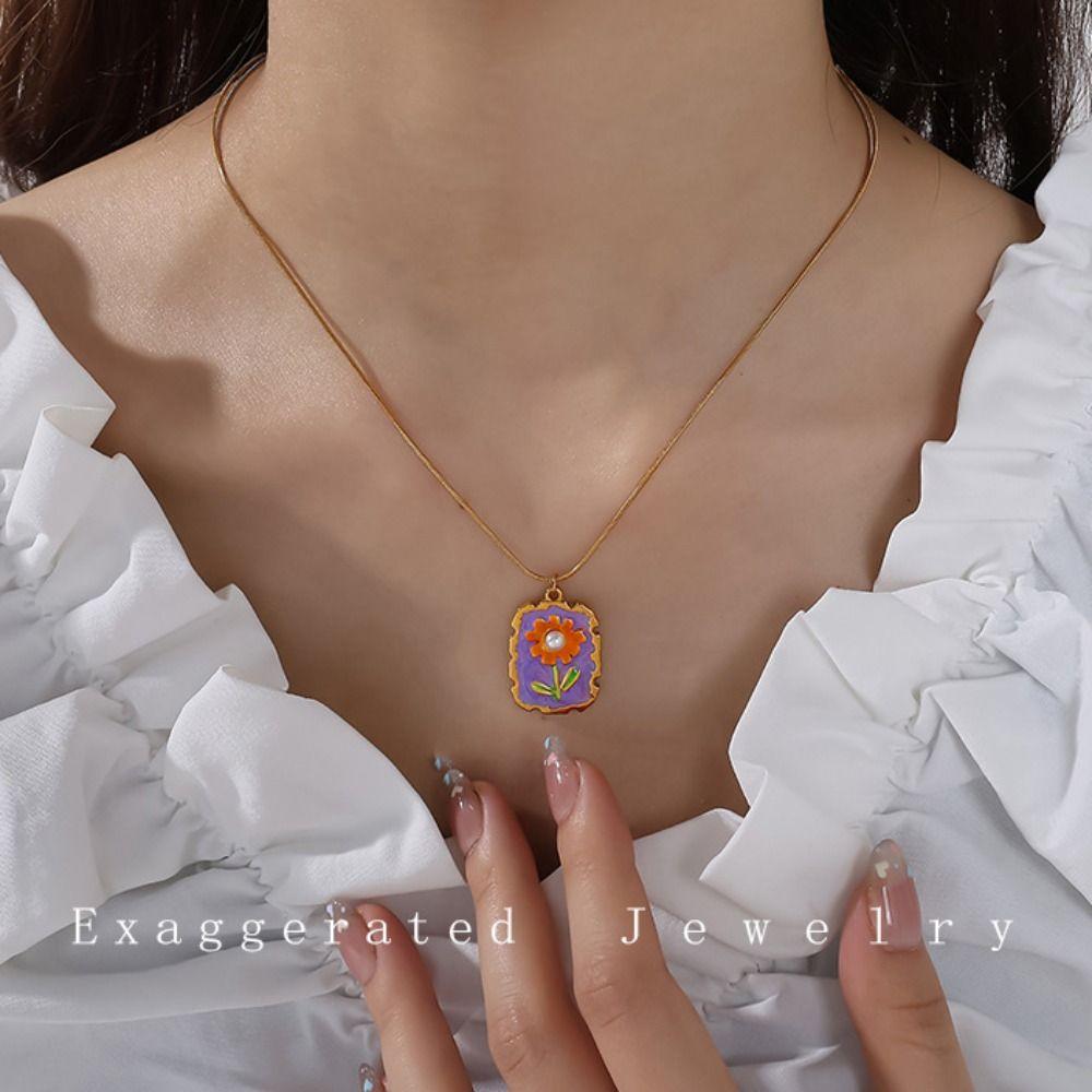 Dripping Oil Stainless Steel Chain Necklace Flower Clavicle Chain Sunflower Enamel Necklace Girls