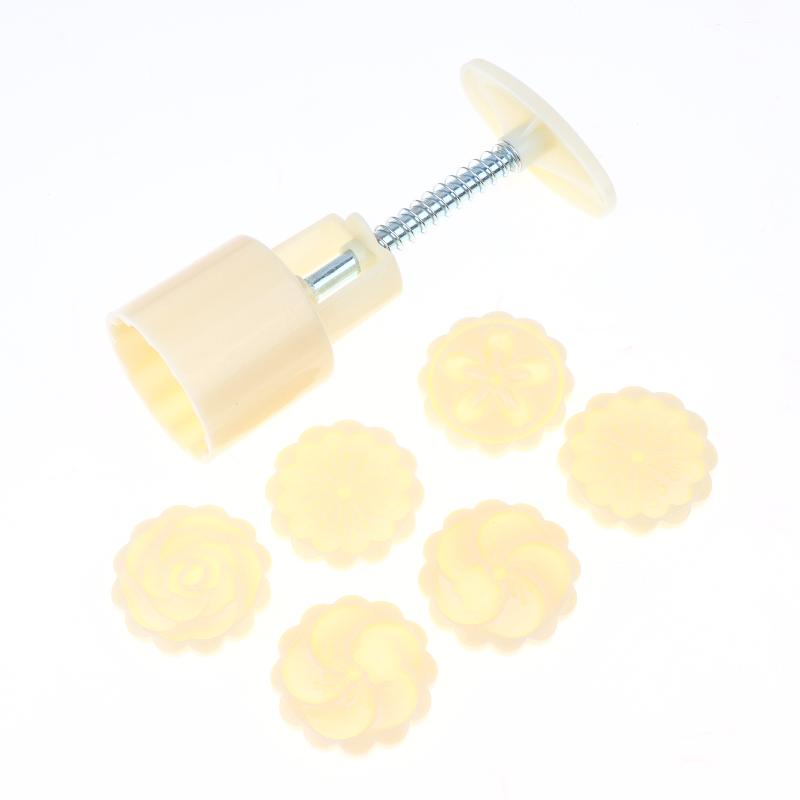 Hand Press Flower Shaped Pastry Mold Multiple Replaceable Stamps for Mid-Autumn Mooncake Making 6Pcs
