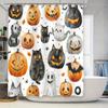 Spooky Halloween Bath Shower Curtain with Pumpkins, Ghosts Cats for Home Decor Black and Orange Color Watercolor Design (Size69x