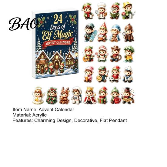 Cute Cartoon Elf Collectibles Magic Advent Calendar, 24 Day Acrylic 2D Ornament Set with Desktop Festive Holiday Decor Mini Figures, Christmas