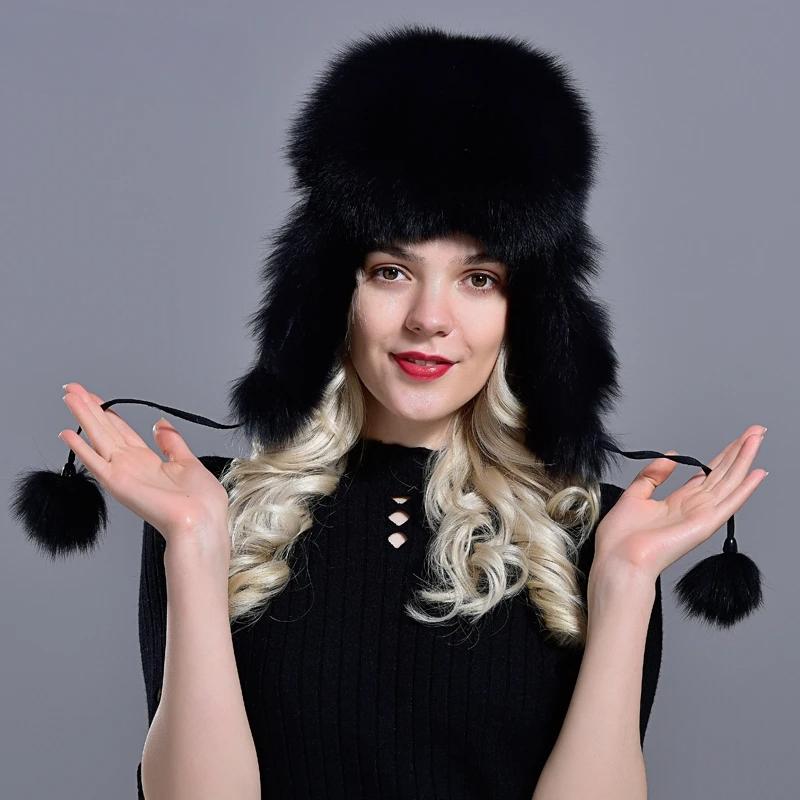 Woman Natural Raccoon Fox Fur Bomber Hats Fluffy Winter Warm Windproof Russian Earflaps Trapper Hat