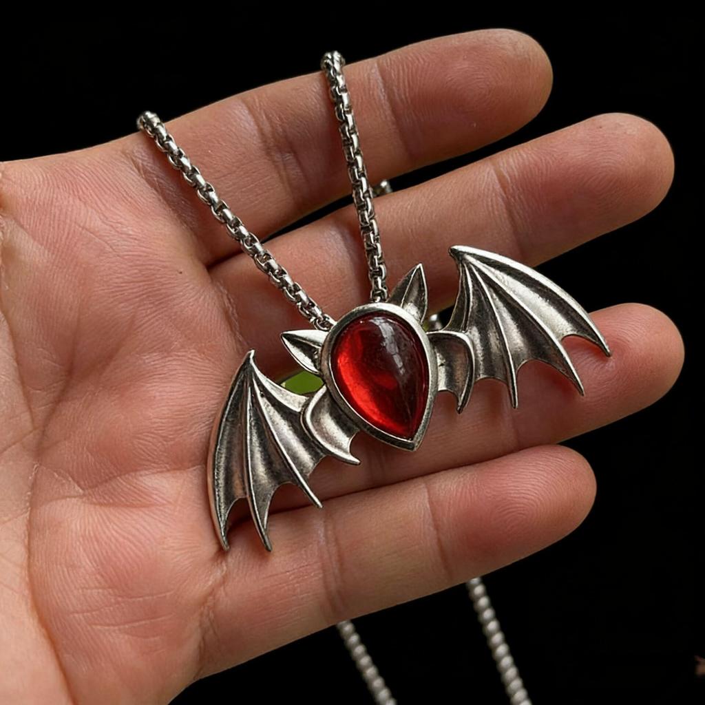 Gothic Vampire Bat Pendant Necklace with Red Accents