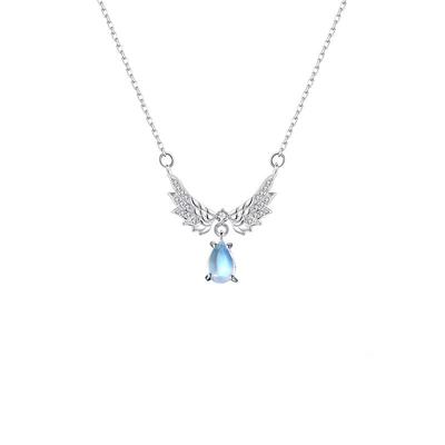 Collier en Argent Sterling S925 Femme Ins Niche Ailes Pendentif Pierre de Lune Chaîne Clavicule Chaînes pour Bijoux Collier pour Femme