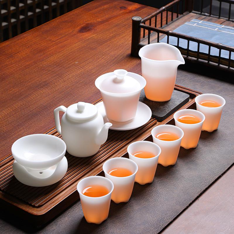 High-end Vegetarian-fired Suet Jade Porcelain Ice-type Kung Fu Tea Set, Household Gifts for Customers, High-end Business Gift Set