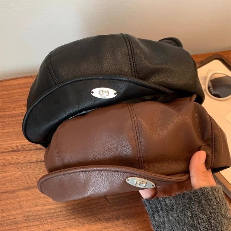 Pu Leather Cute Cat Ear Berets For Women Solid Color Casual Newsboy Cap Personalized Peaked Cap