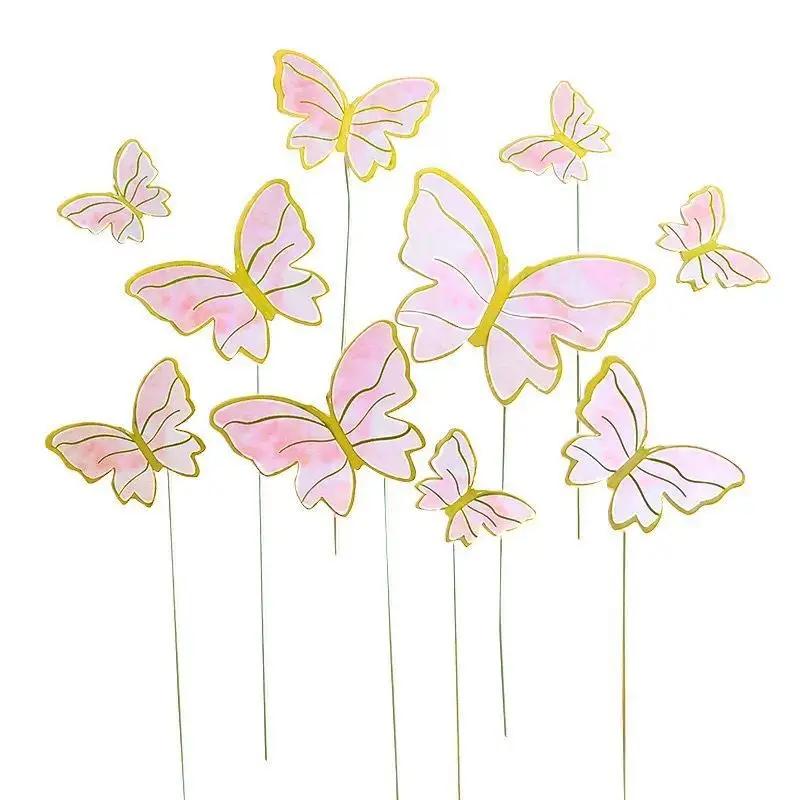 10PCS Purple Pink Butterfly Cake Decoration Happy Birthday Cake Topper Handmade Painted For Wedding Birthday Party Baby Shower