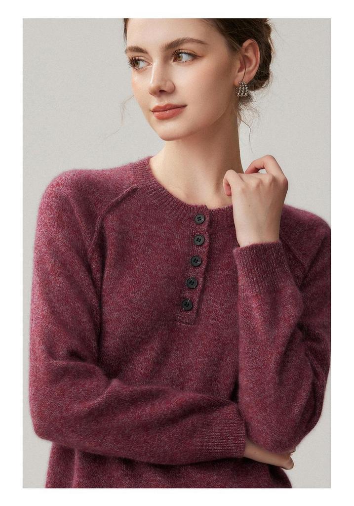 2026 Autumn/Winter Women's Cashmere Heather Knit Sweater - Round Neck, Buttoned, Loose Fit, Warm Base Layer