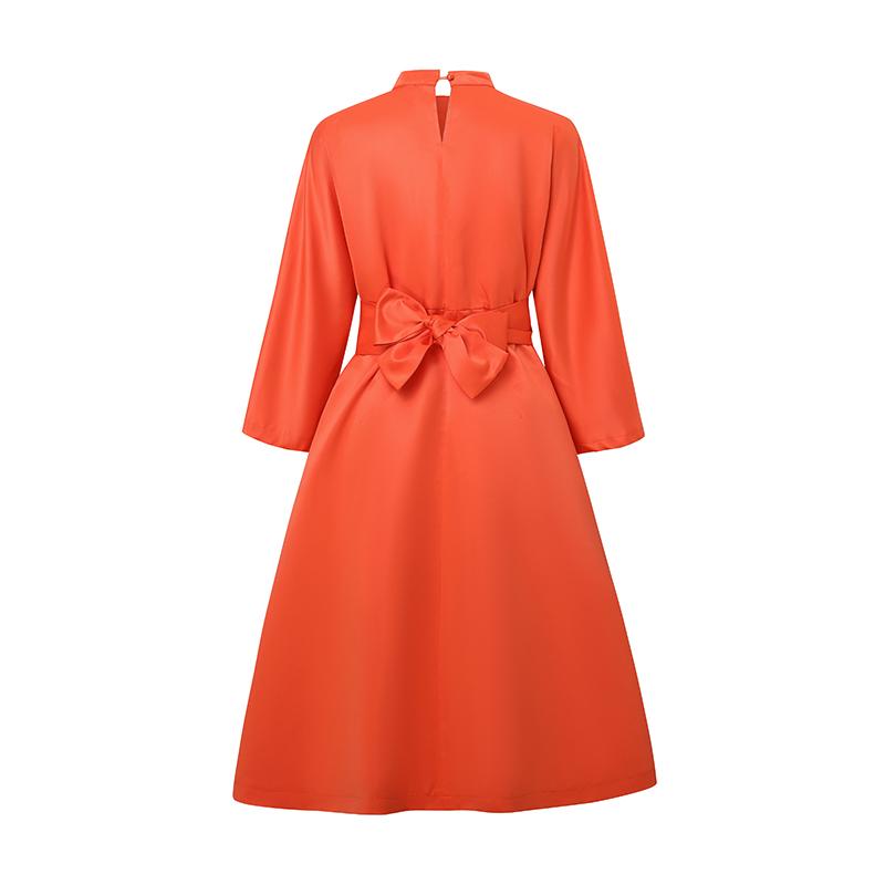 Oversized Women Stand Neck 3/4 Sleeve Bow Knot Belt Party Swing Dresses Nonelastic