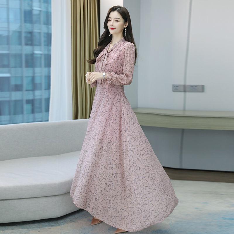 Rochie din șifon cu fundă rochie de bază imprimată cu mâneci lungi cu leagăn mare, cu flori, fustă lungă, mărime mare, îmbrăcăminte pentru femei, talie, țesătură subțire, subțire