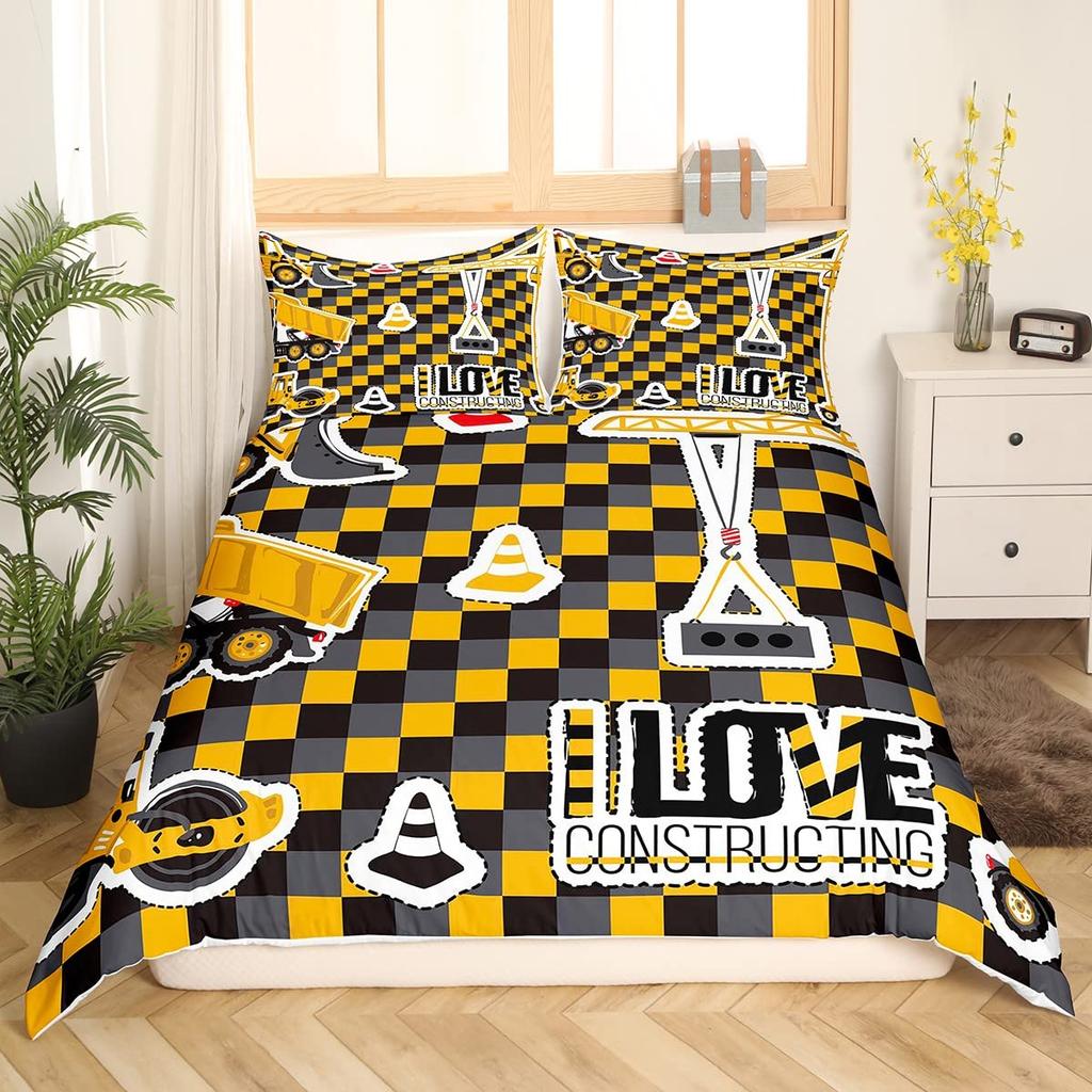 Truck Excavator King Queen Duvet Cover Yellow Tractor Bedding Set For Kids Boys Girls Cartoon Car Transporter 2/3pcs Quilt Cover