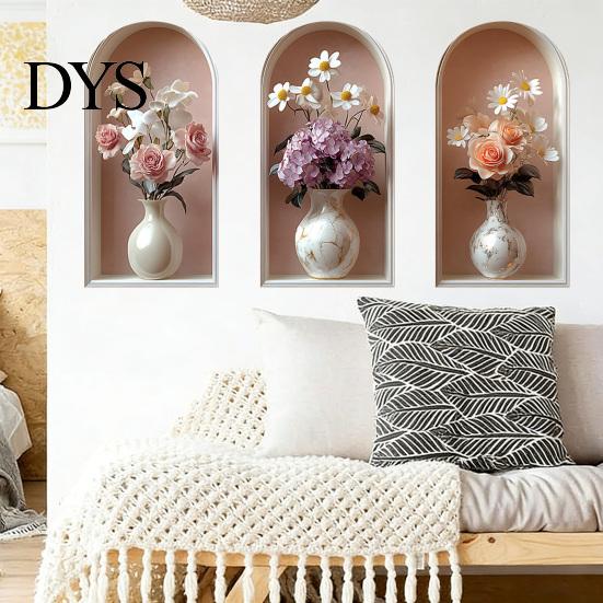 Easy Install Wall Sticker 3 Pcs 3D Vase Stickers Vintage Flower Art Space Extension Self-Adhesive Colorful Floral Blossom Decals for Bedroom