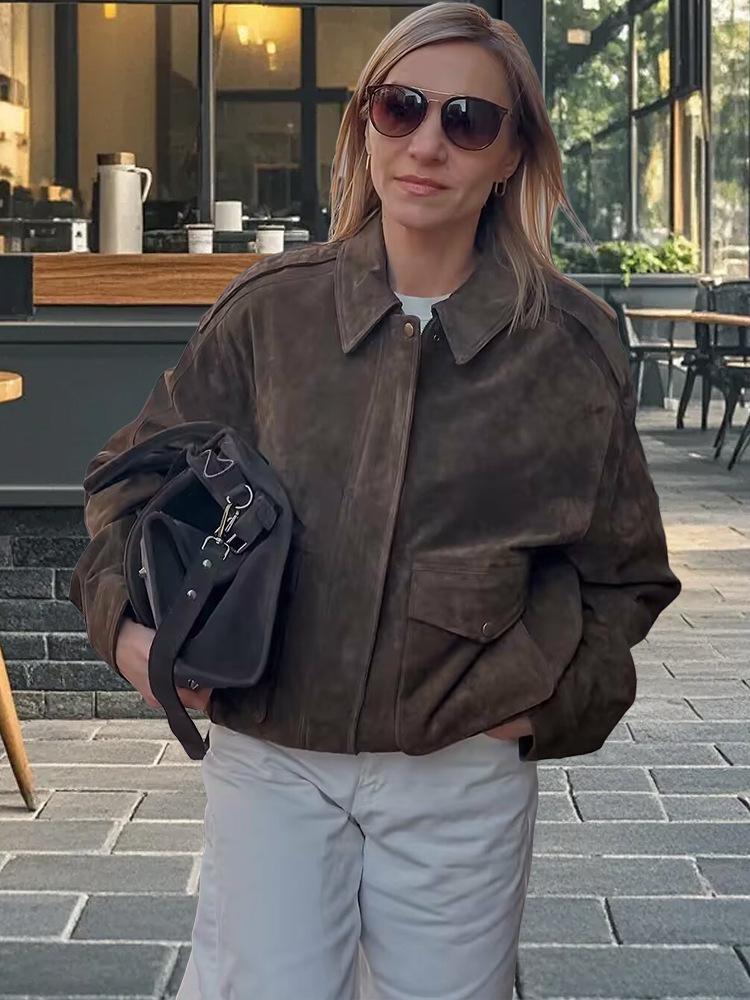 Dámská retro hnědá minimalistická bunda s klopami a zipem: High-End podzim/zima 2025 styl