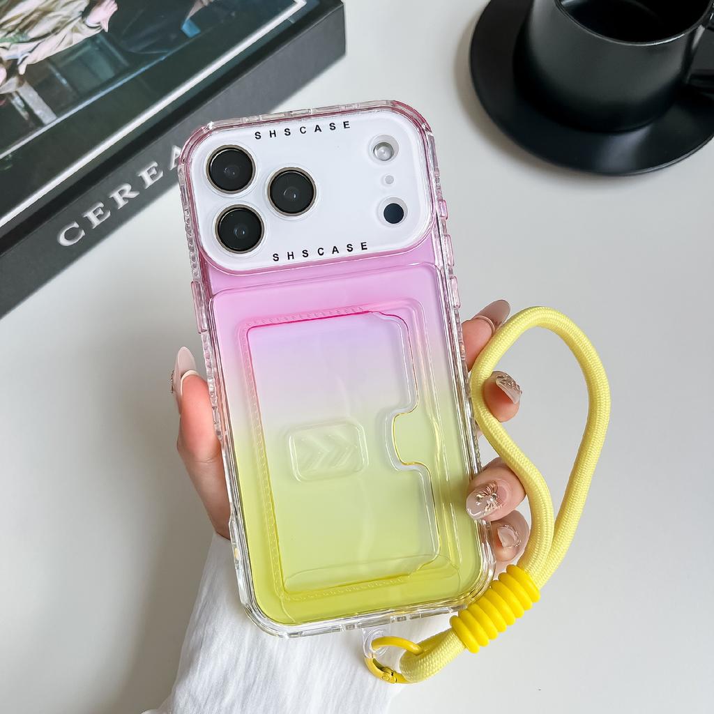 For iPhone 17 Pro Max Case Card Holder Gradient Color PC+TPU Phone Back Cover with Lens Film/Wrist Strap