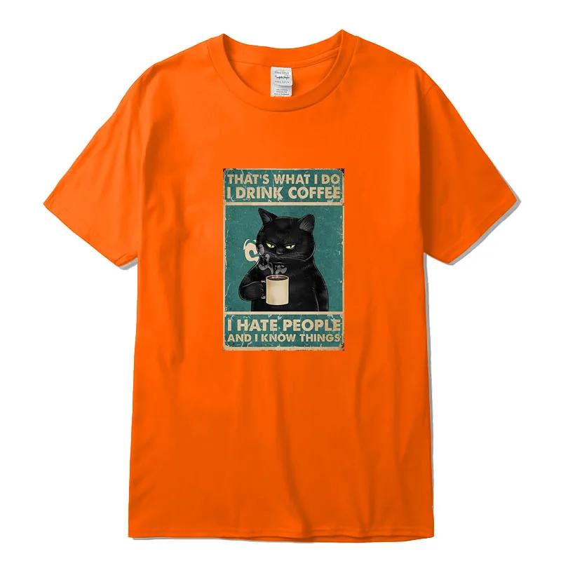 Men's T-shirt High Quality 100% Cotton Funny Cat Drinking Coffee Printing Summer Casual Cool Loose Men O-neck T-shirt Male Tops