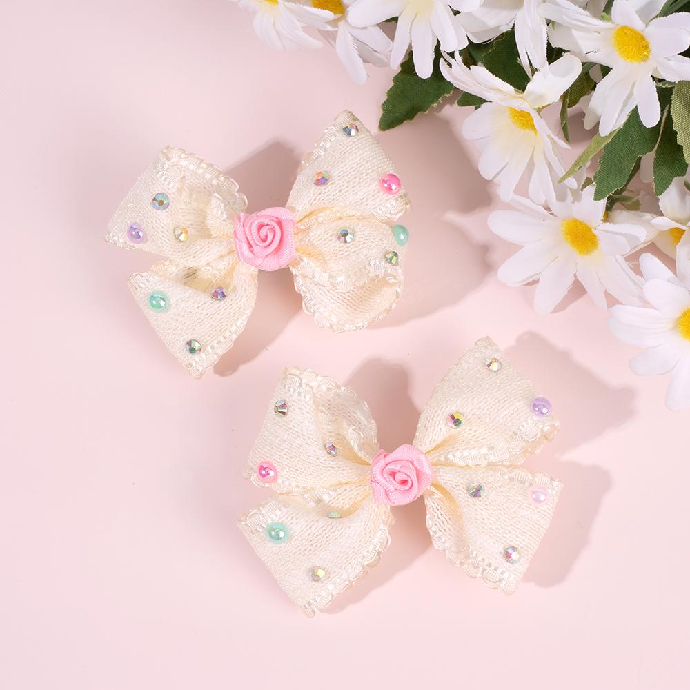 2Pcs Sweet Flower Bow Hair Clip Korean Solid Rose Rhinestone Barrettes Side Hairpins For Girls Children Headdress Accessories