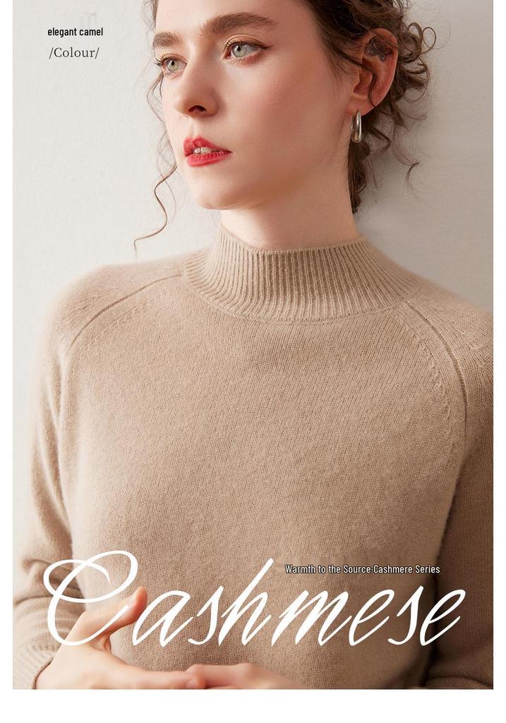 Women's Korean Style Cashmere Sweater: Half-High Collar, Solid Color, Short Raglan Sleeve, Perfect for Autumn and Winter