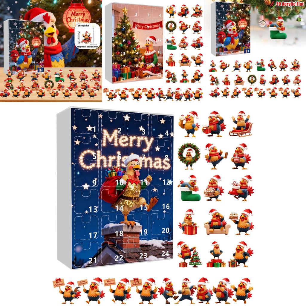 Christmas Countdown Box With Chicken Shaped Acrylic Tree Ornaments For Holiday Decor