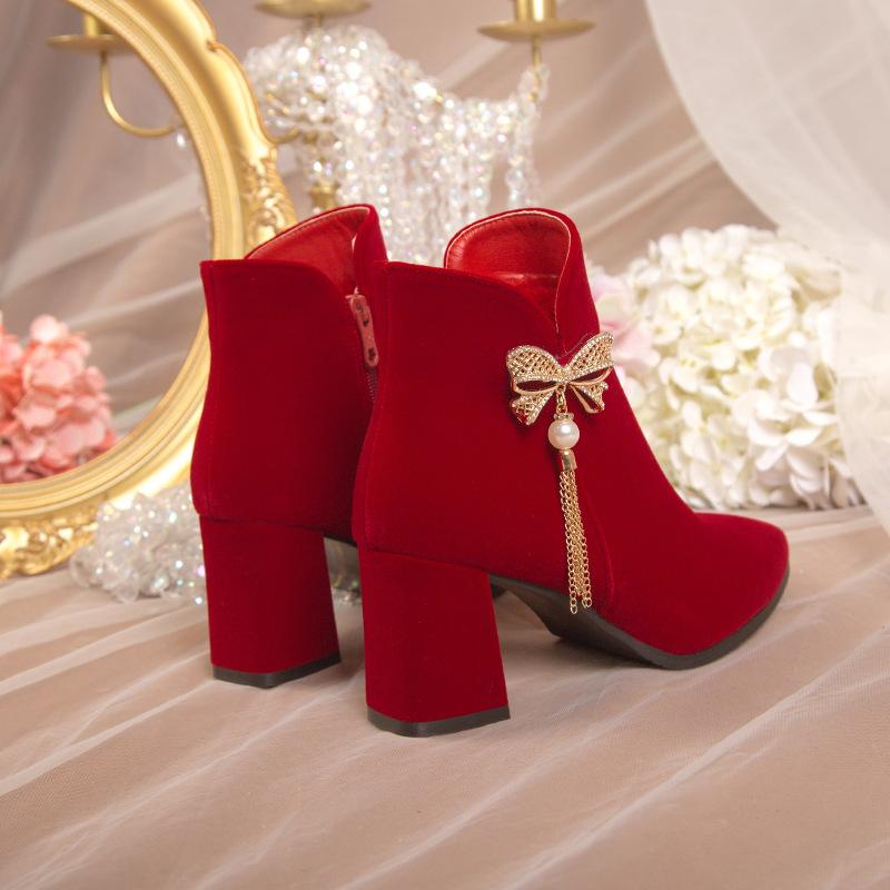 

Internet celebrity autumn and winter wedding boots 2025 new women s boots bride martin boots burgundy bow rhinestone fringed fashion boots 40
