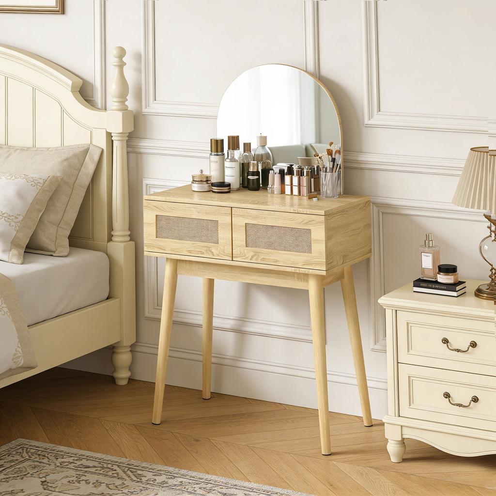 Dressing Table, Compact Vanity Desk with Mirror and 2 Drawers, Natural Wood Finish