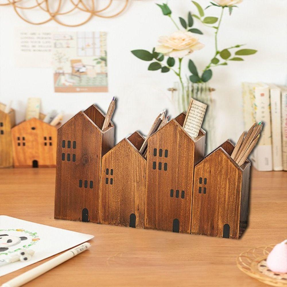 2PCS/Set House-Shape Makeup Brush Organizer Wood Desktop Ornament Back To School Gift