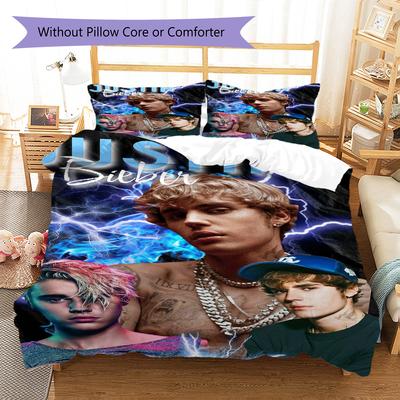 Bieber Vzor Povlečení Sada Prošívaných Dek Quilt Cover Povlak na Polštář Domácí Dekorace Dárek (1 * povlak na peřinu + 2 * povlak na polštář, bez jádra)