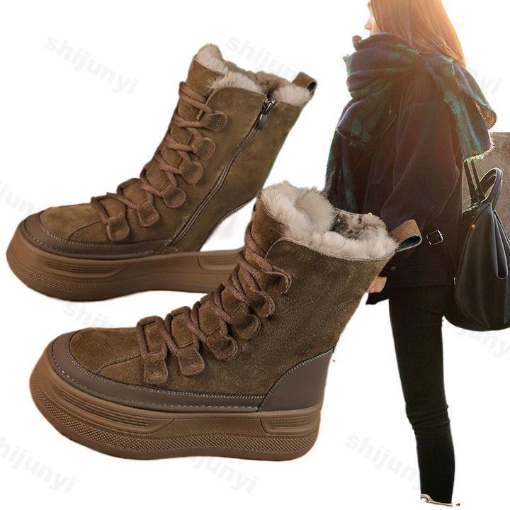 Fashion Outdoor Travel Boots Women Suede Mountaineering Boots Thick Fur Mid-Calf Snow Boots 2025 Winter Platform Cotton Shoes
