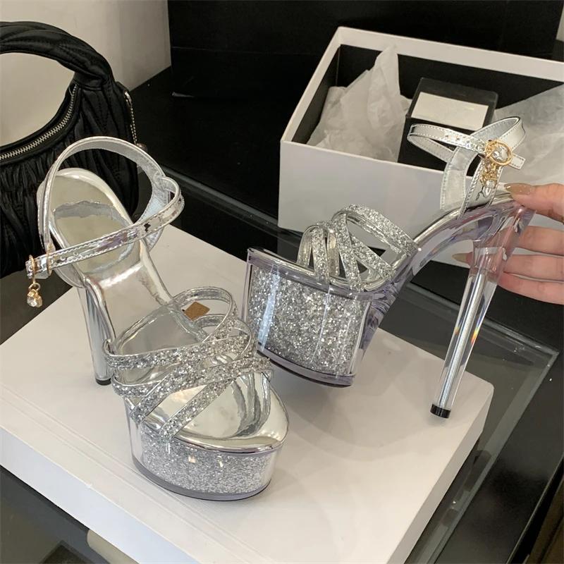 Eilyken New Sexy Design Sequin Cloth Buckle Strap Platform Women Sandals Open Toe Stiletto High Heels Stripper Shoes