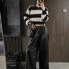 WTEMPO Spring Autumn Solid Color Short Knitted Pullovers Women Long Sleeve Casual Striped O-Neck Sweaters Outwear