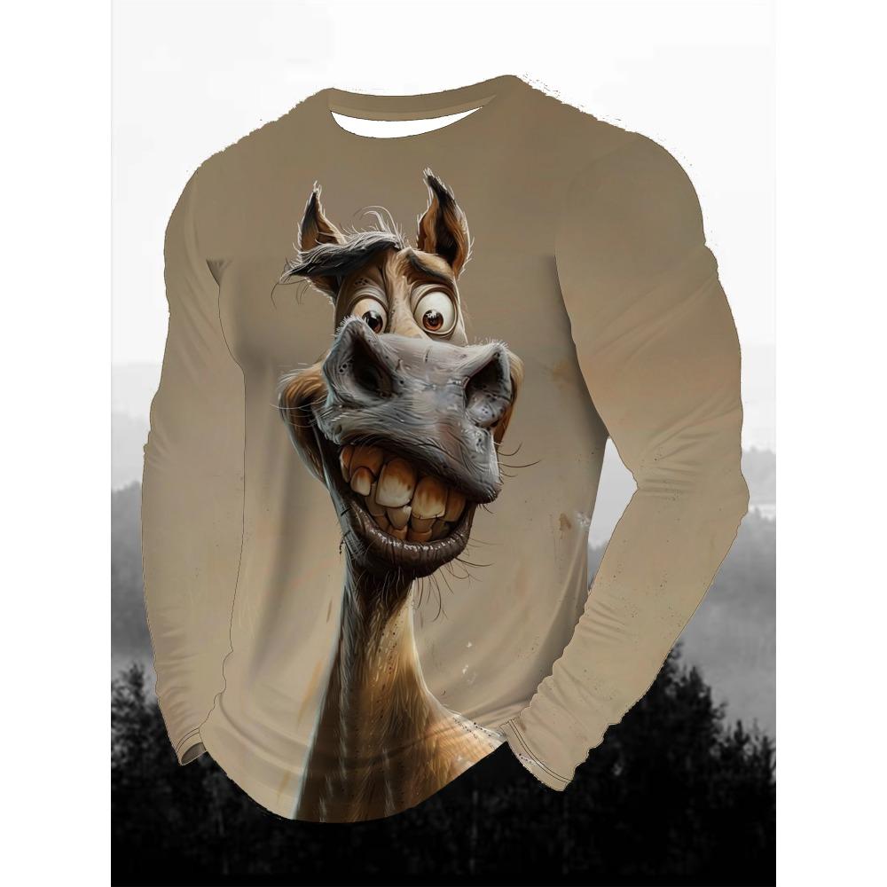 Funny Animal Design Retro Men 3D Printing Street Casual Daily Gray Long Sleeved Round Neck Shirt Spring And Autumn Clothing