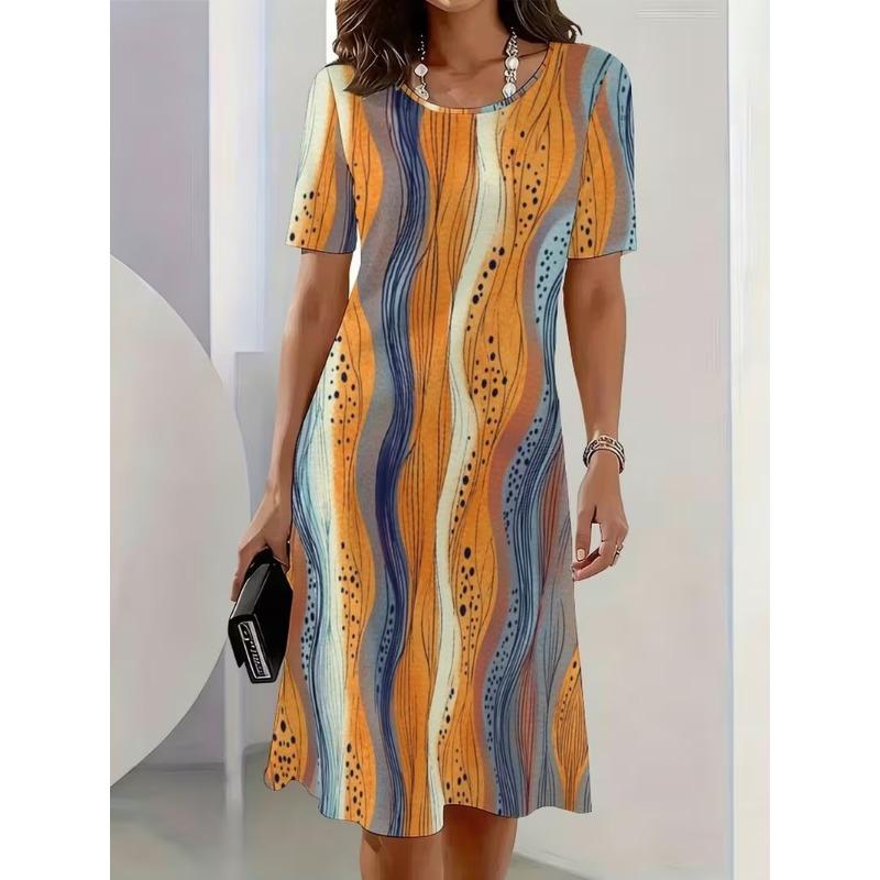 Summer Women Dress Casual Loose Short Sleeve O-Neck Print Mini Dress