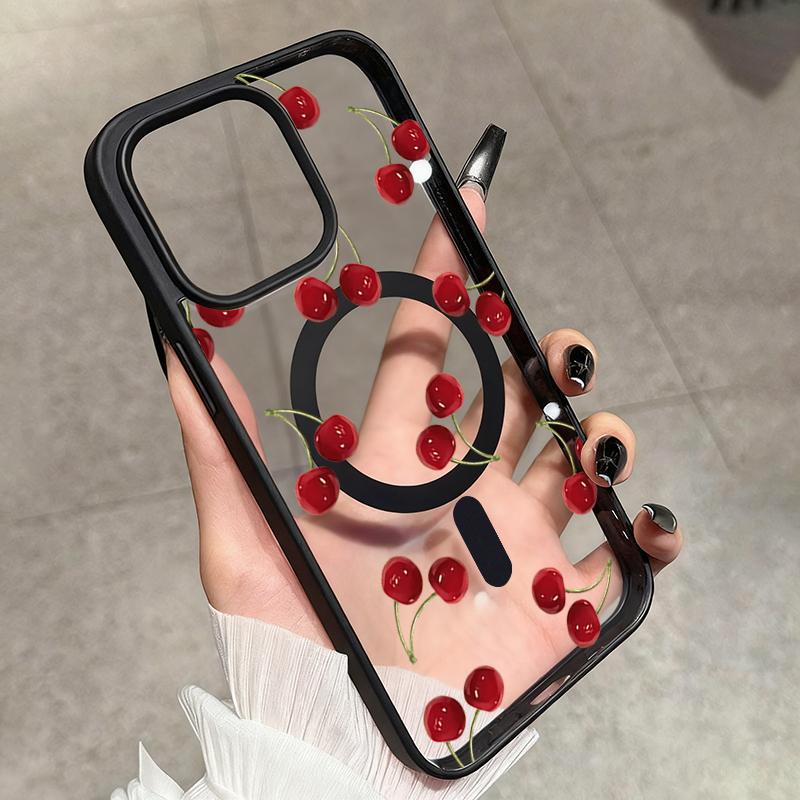 Red Cherry Pattern Magnetic Phone Case For iPhone 11 12 13 14 15 16 16e 17e 17 ProMax Plus Air For Magsafe Wireless Charge Cover