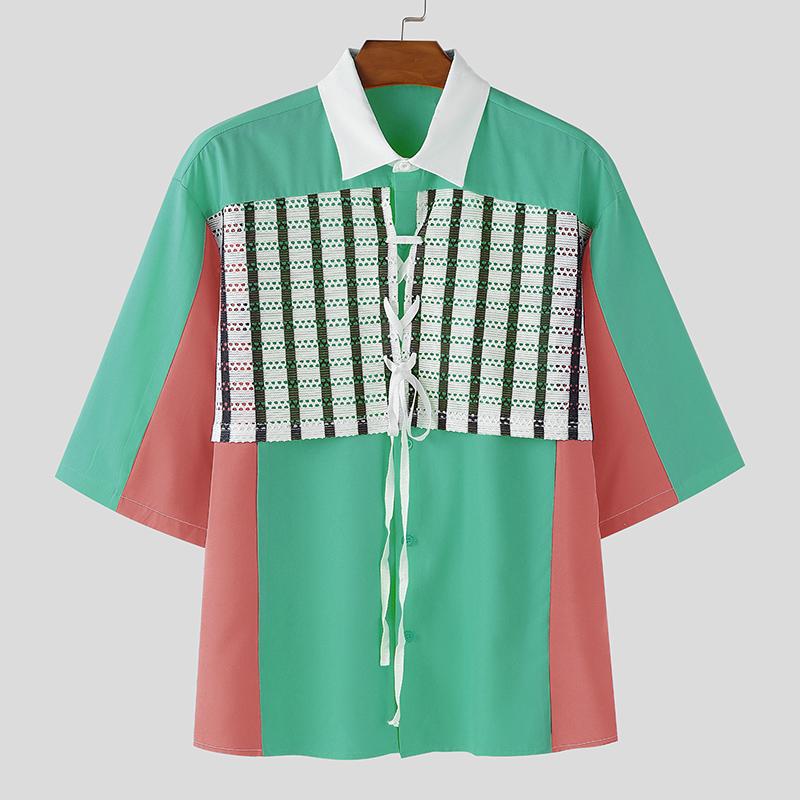 INCERUN Men Lapel Neck Short Sleeve Stitching Lace Splicing Casual Oversized Shirts