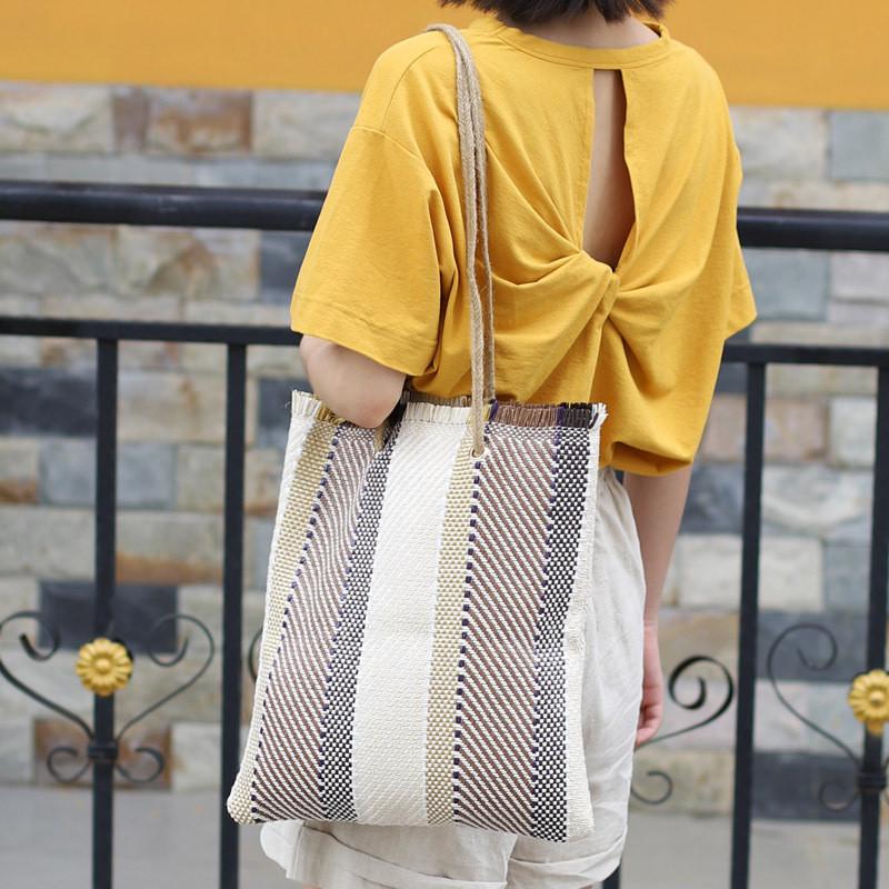 IELGY Korean Version Fashionable Woven Canvas Simple Art Retro One-Shoulder Female Bag Casual Straw Color-Blocking Handbag