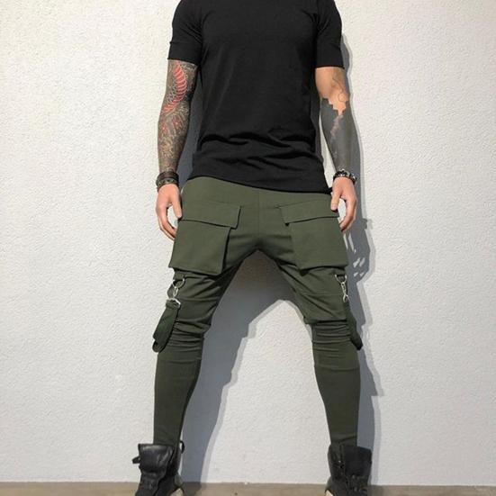 Elastic Waistline Strap Tassel Multi Pockets Cargo Pants Male Solid Color Mid-rise