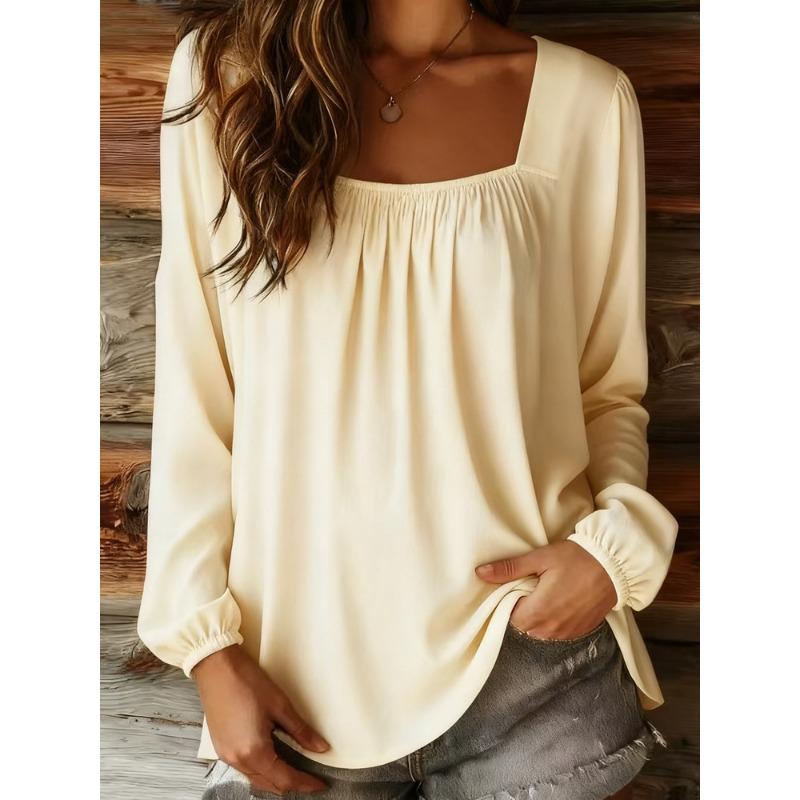New Women's Solid Color U-neck Pullover Long-sleeved Square Collar Loose Simple Top