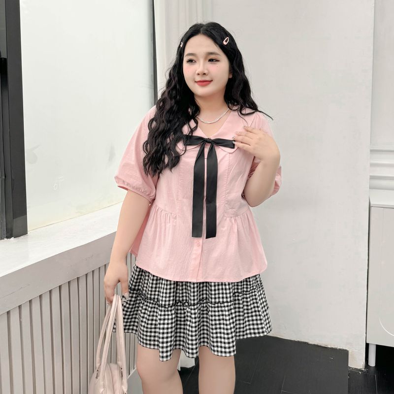 

Plus size women clothing [Bow Doll Shirt] Preppy Lapel Short sleeve Shirts Summer Chubby Girl Belly Covering Top Ballet Powder-Shirt 5XL