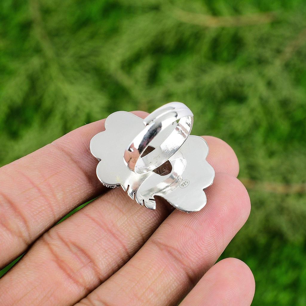 Gift For Her 925 Silver Natural Golden Rutile Promise Flower Adjustable Ring
