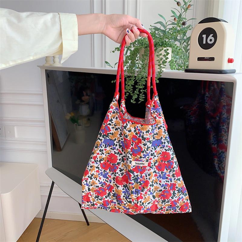 Chic Korean Style Floral Tote Bag Roomy Soft Cotton Summer Shoulder Bag For Everyday Use
