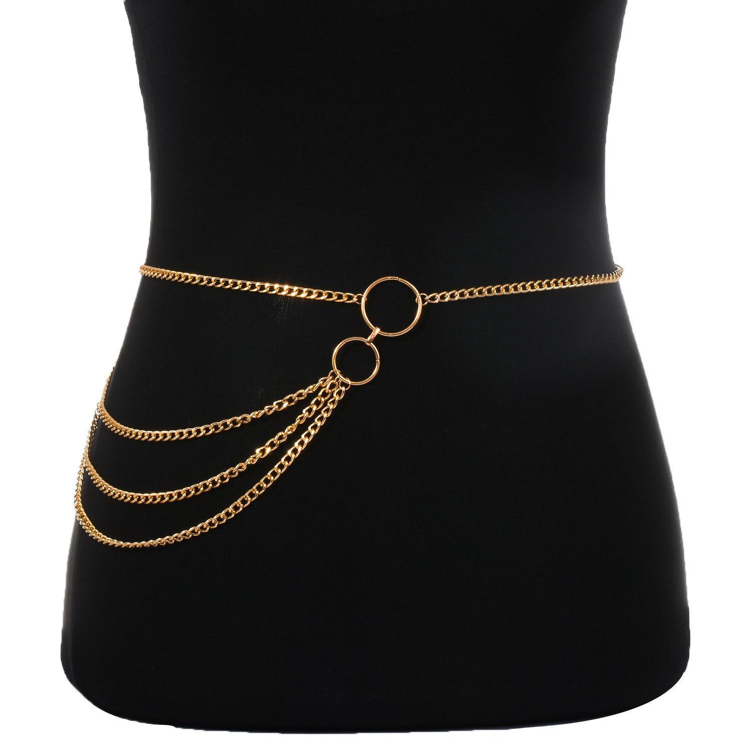 Punk metal size ring body chain, women s retro multi-layer sexy circle waist chain.