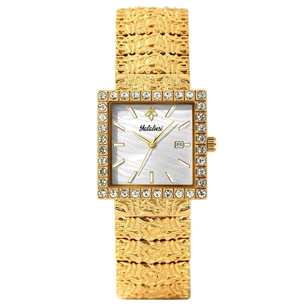 Luxury Square Quartz Watch Crystal Bezel Textured Dial Vintage Carved Metal Bracelet Waterproof Daily Dress Watch for Men Women Couple Matching Watch