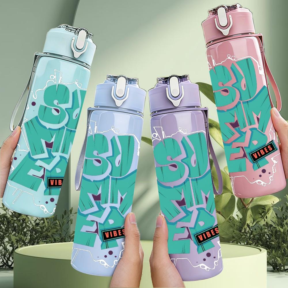 1PC Korean Hangul Text Minimalist Art Print 750ml Color Plastic Sports Water Bottle Leakproof Flip Straw Lid Suitable for Sports Office Home Use