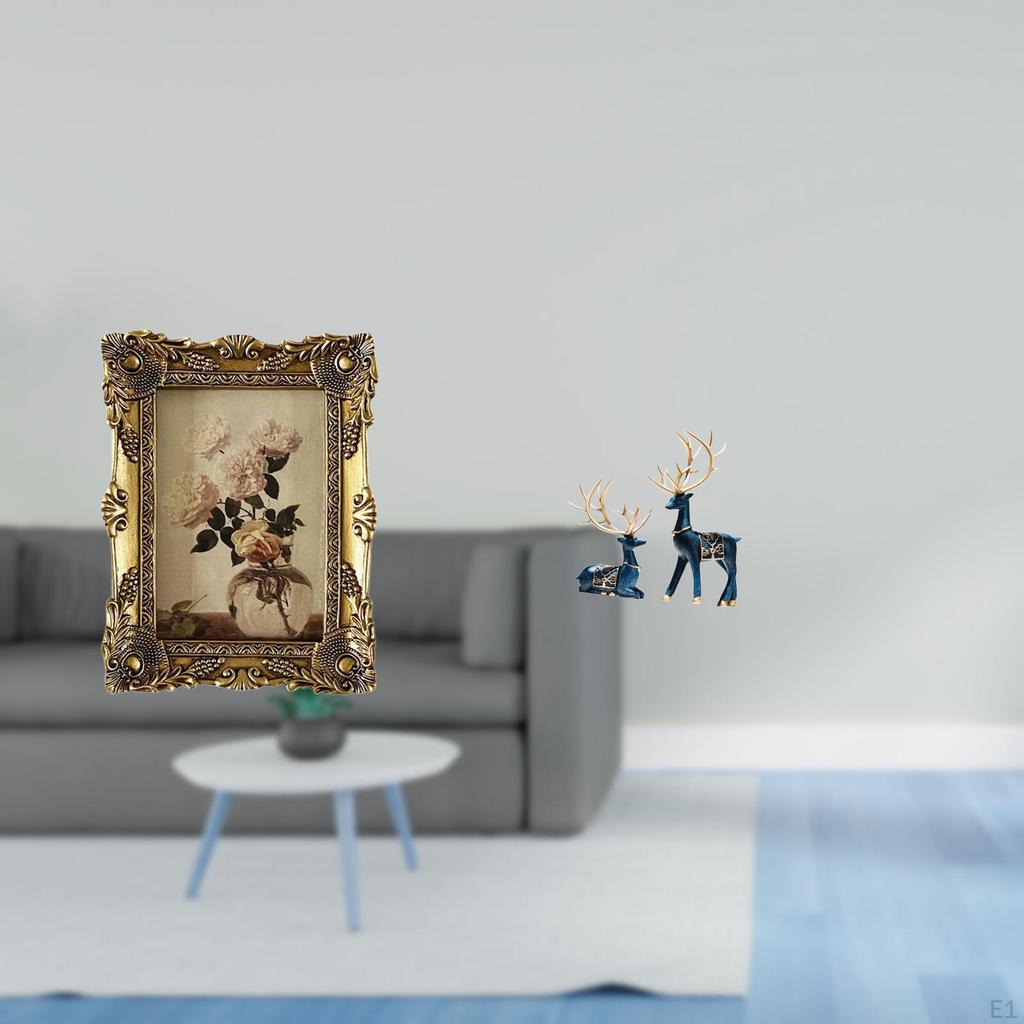 Vintage Resin Photo Frame And Reindeer Statue Set Ornate Picture Display with Deer Figurines for