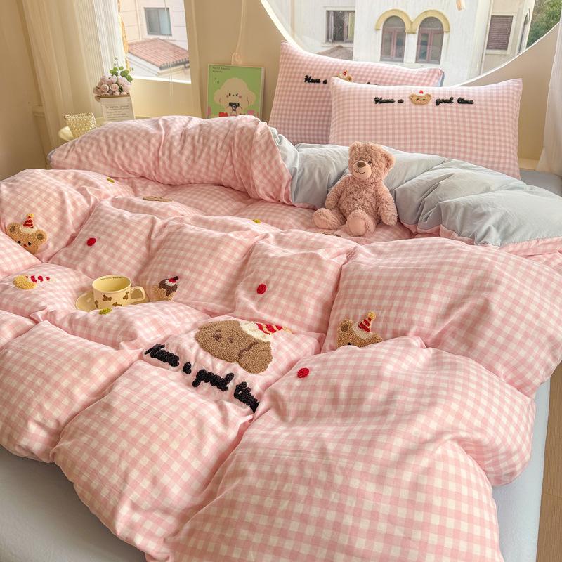 Håndkle Brodert Laken Dynetrekk Seng 4 stk Sett Vasket Bomull Student Tredelt Sett Sengetøy