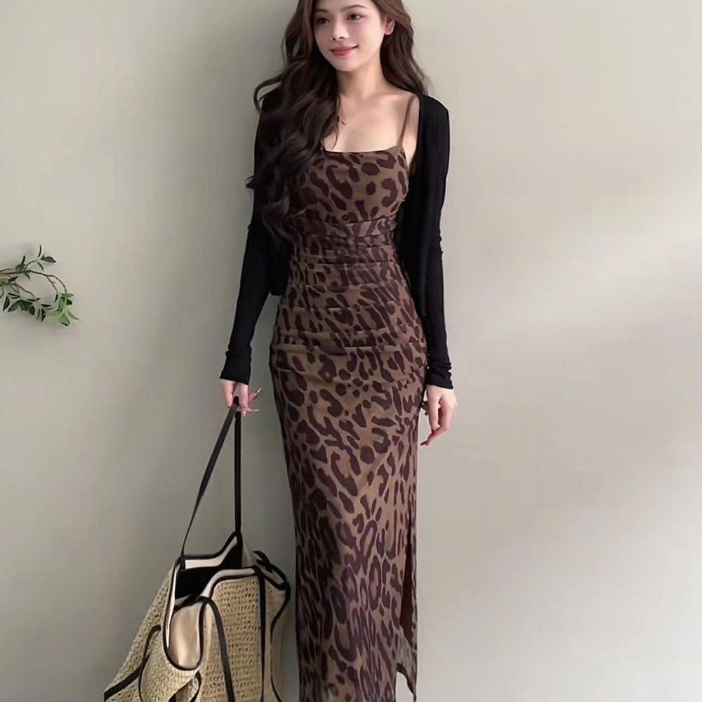 French Chic Leopard Print Camisole Bodycon Dress & Sun Protection Knit Cardigan Set