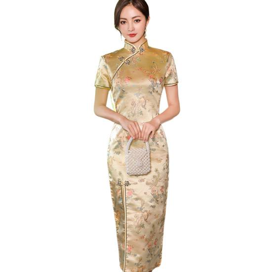 Printed Cheongsam Mid-Calf Length Waist Tight Close-fitting Woman Dragon Phoenix Pattern Elegant Split Dress
