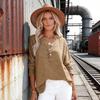 Women Shirt V-Neck Buttons Half Placket Long Sleeve Pullover Tops Solid Color Loose Fit Pleated Tops Casual Tee Daily Wear